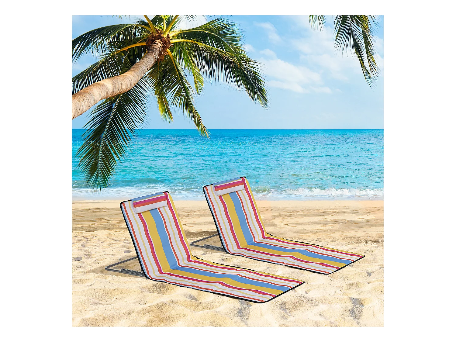 Lot de 2 tapis de plage rembourrés - dossier inclinable 5 positions - sac transport inclus - acier polyester multicolore