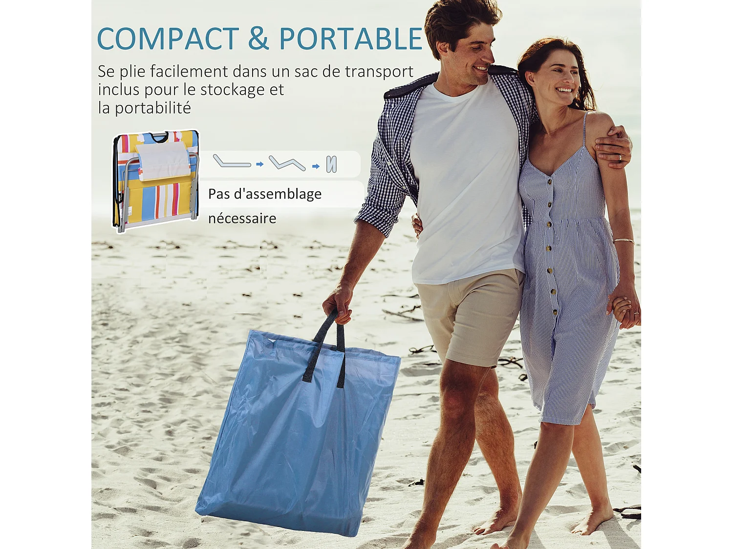 Lot de 2 tapis de plage rembourrés - dossier inclinable 5 positions - sac transport inclus - acier polyester multicolore