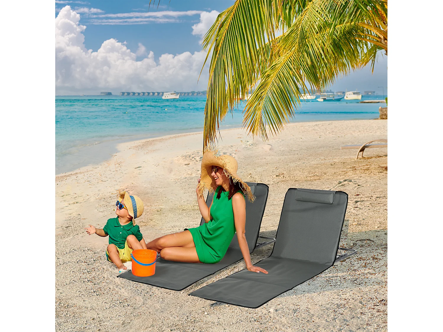 Lot de 2 tapis de plage rembourrés - dossier inclinable 5 positions - sac transport inclus - acier polyester gris