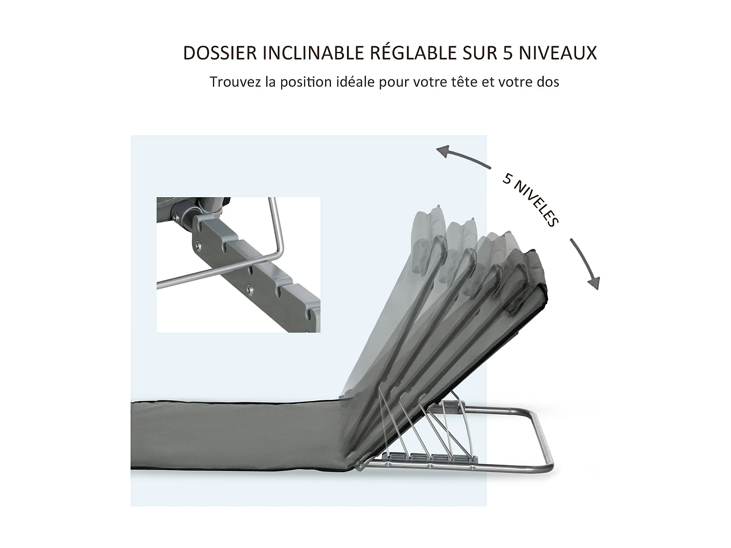 Lot de 2 tapis de plage rembourrés - dossier inclinable 5 positions - sac transport inclus - acier polyester gris