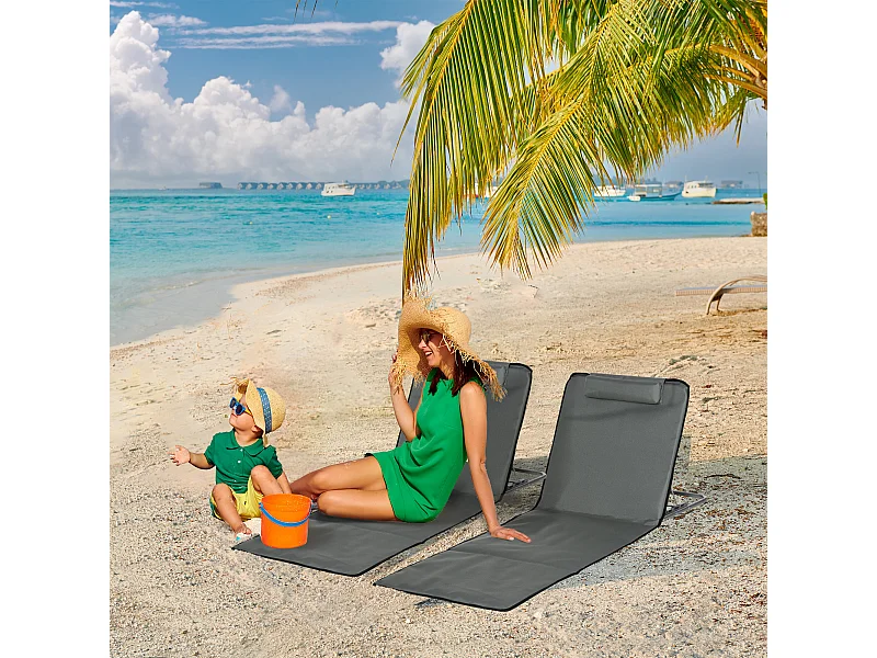Lot de 2 tapis de plage rembourrés - dossier inclinable 5 positions - sac transport inclus - acier polyester gris