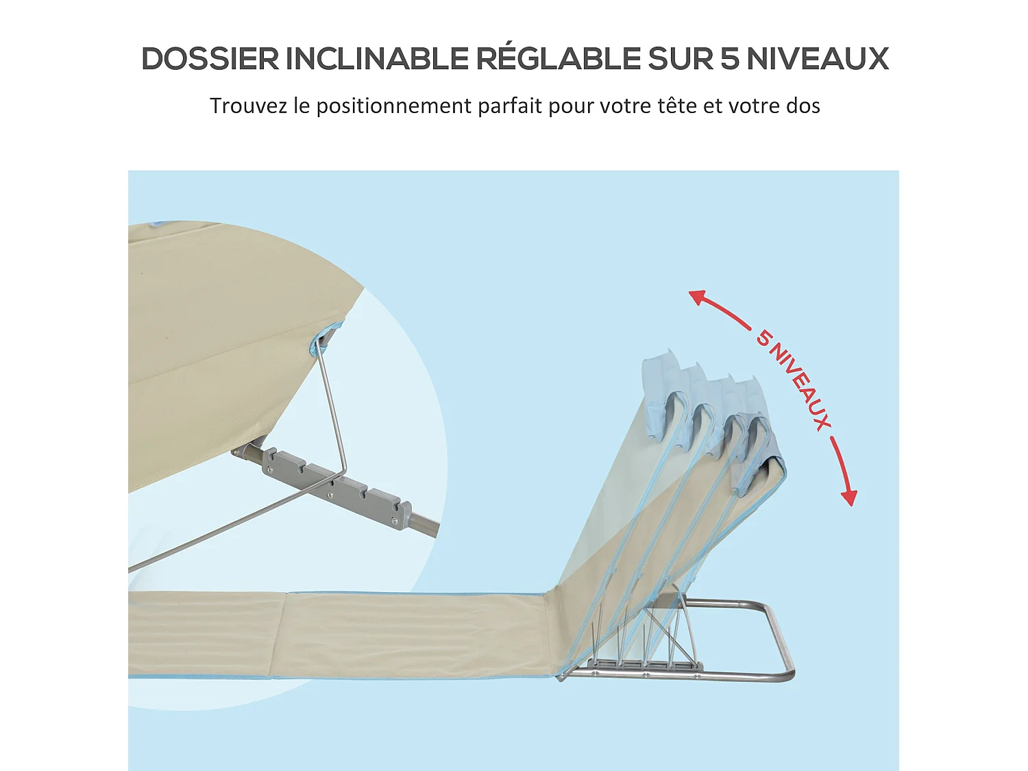 Lot de 2 tapis de plage rembourrés - dossier inclinable 5 positions - sac transport inclus - acier polyester beige