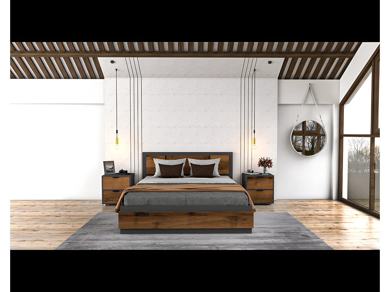 Letto Deany (160x200)/compresi 2 comodini/marrone e grigio