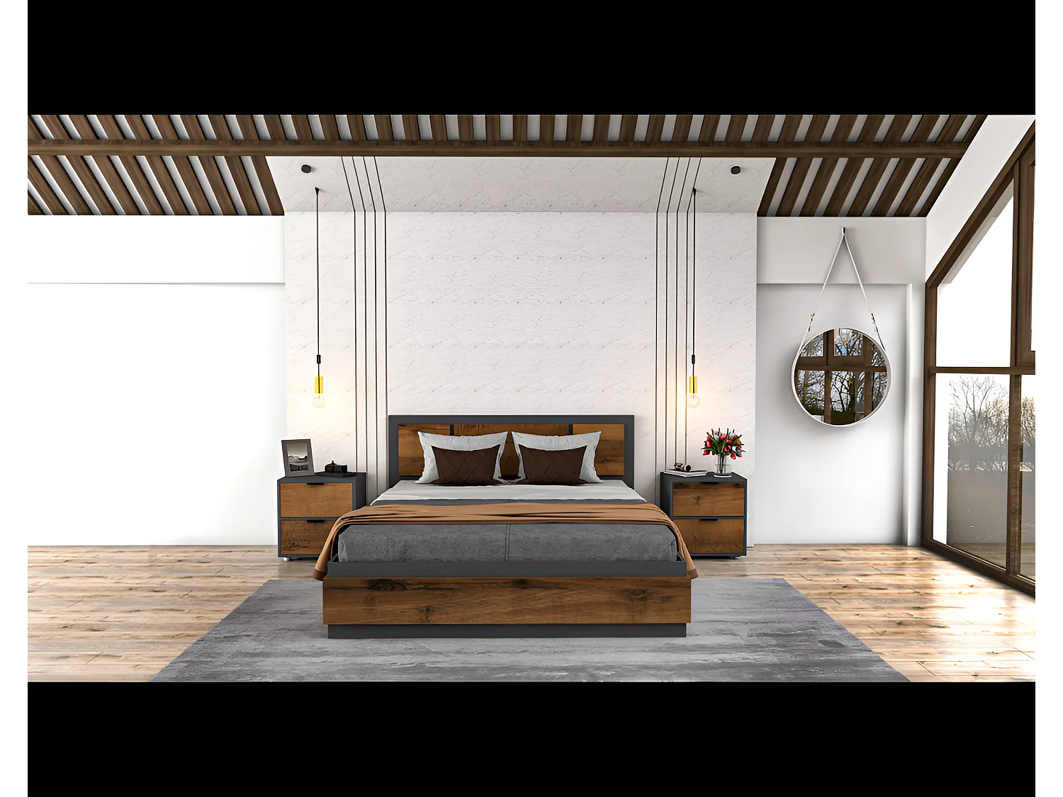 Letto Deany (160x200)/compresi 2 comodini/marrone e grigio