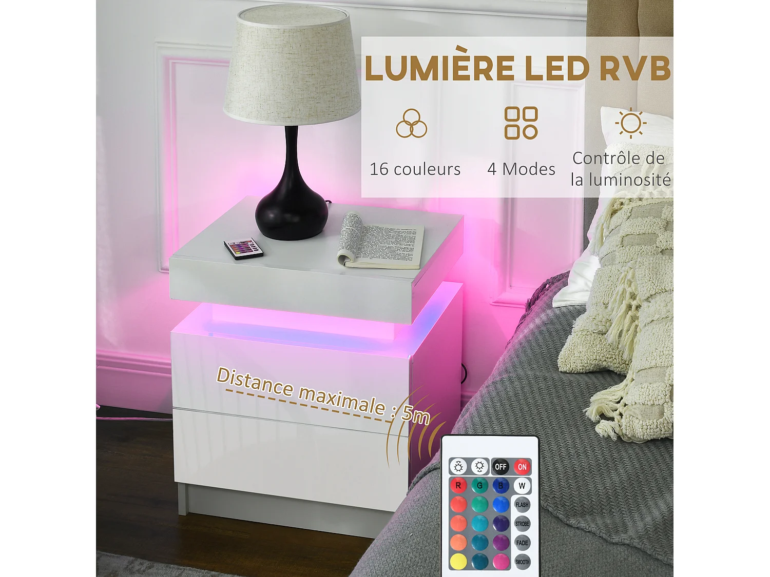 Table de chevet LED 2 tiroirs blanc laqué