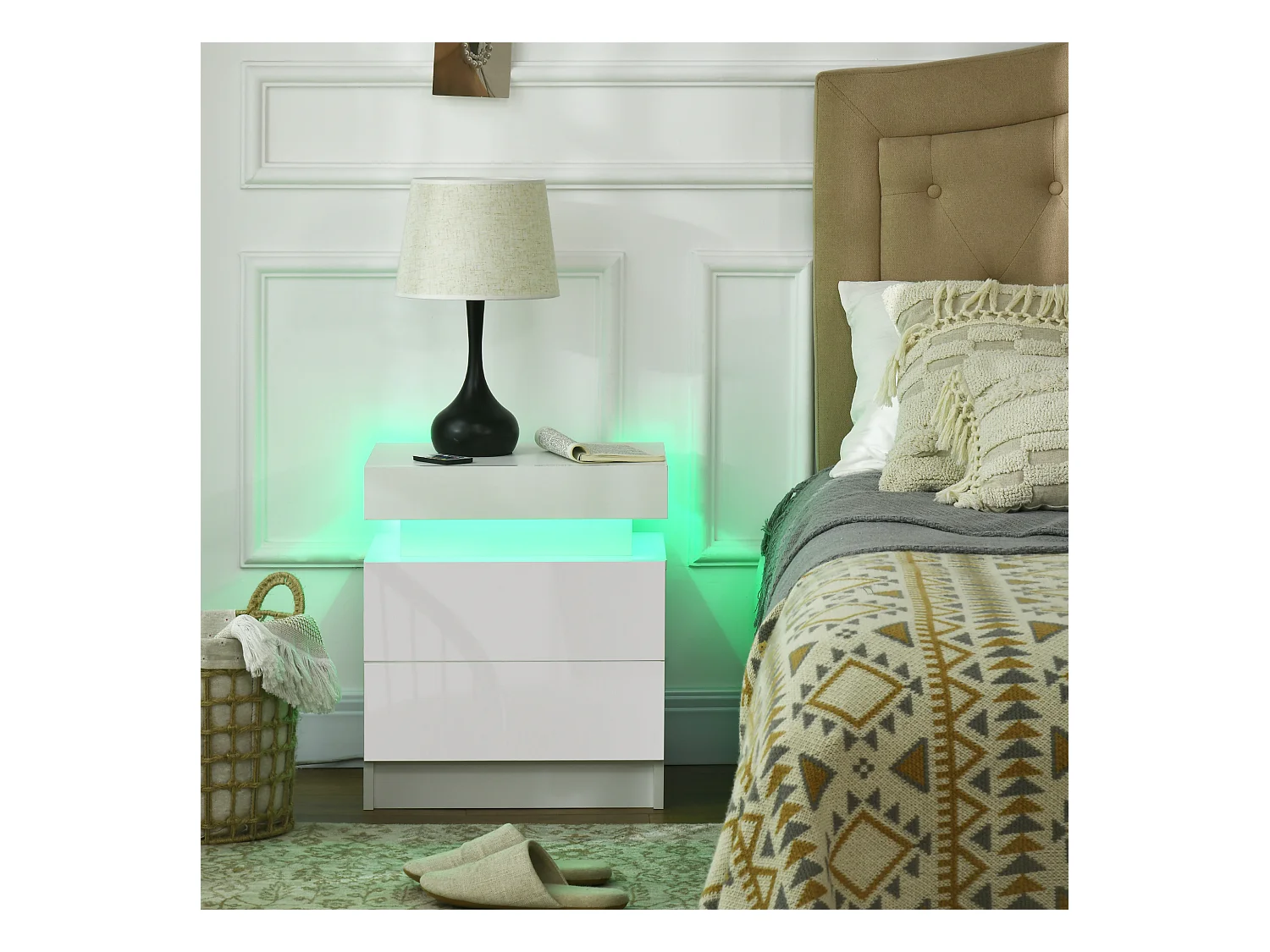 Table de chevet LED 2 tiroirs blanc laqué