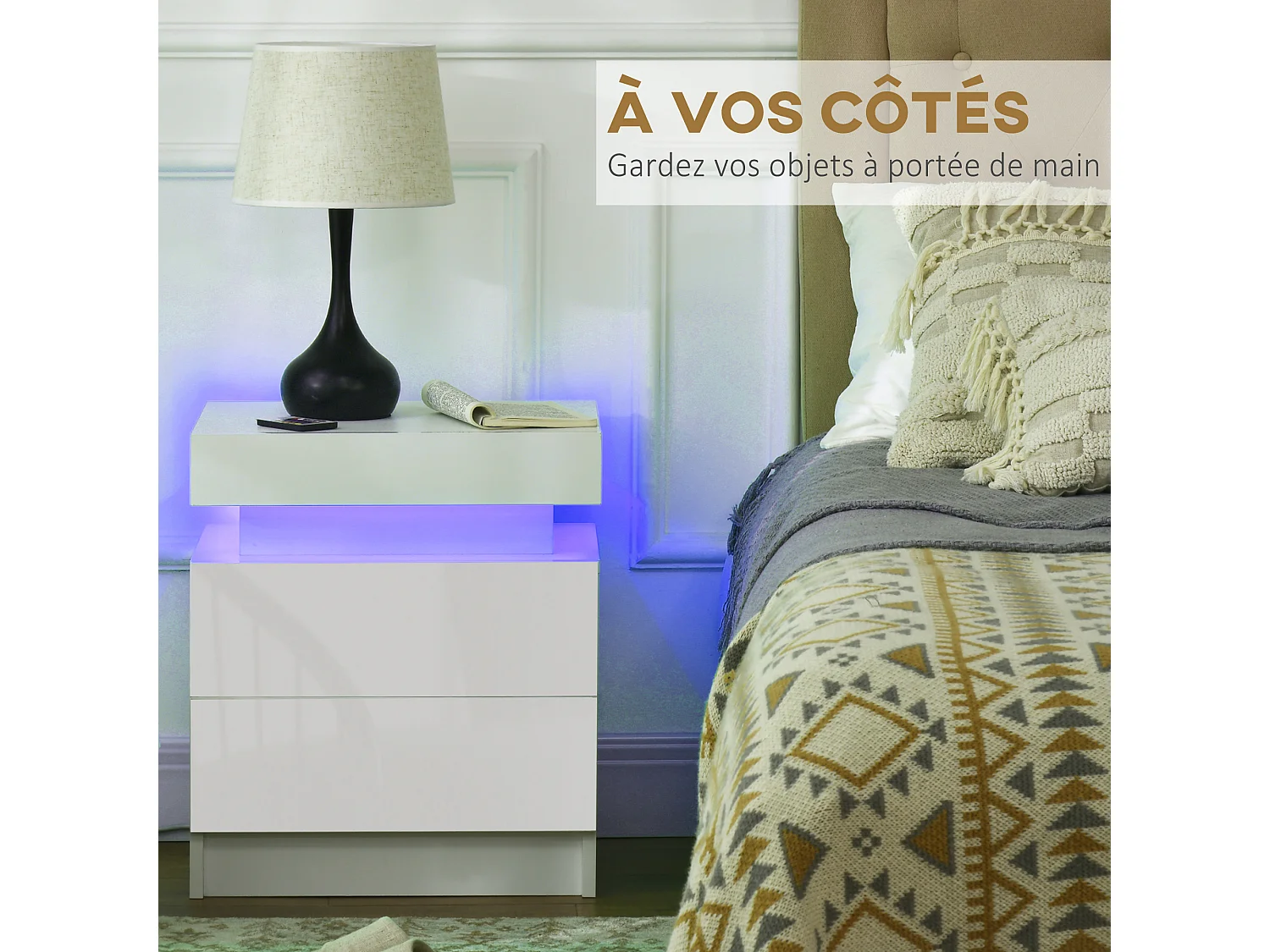 Table de chevet LED 2 tiroirs blanc laqué