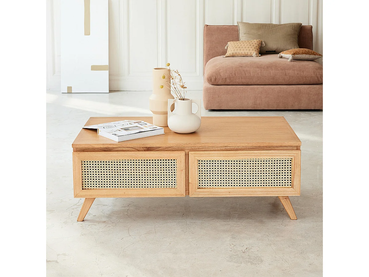 Tavolo basso in mindi massello e vimini 4 cassetti 110 cm