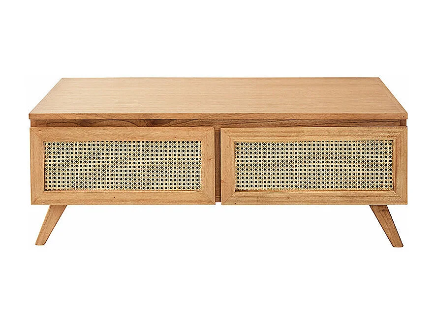 Tavolo basso in mindi massello e vimini 4 cassetti 110 cm
