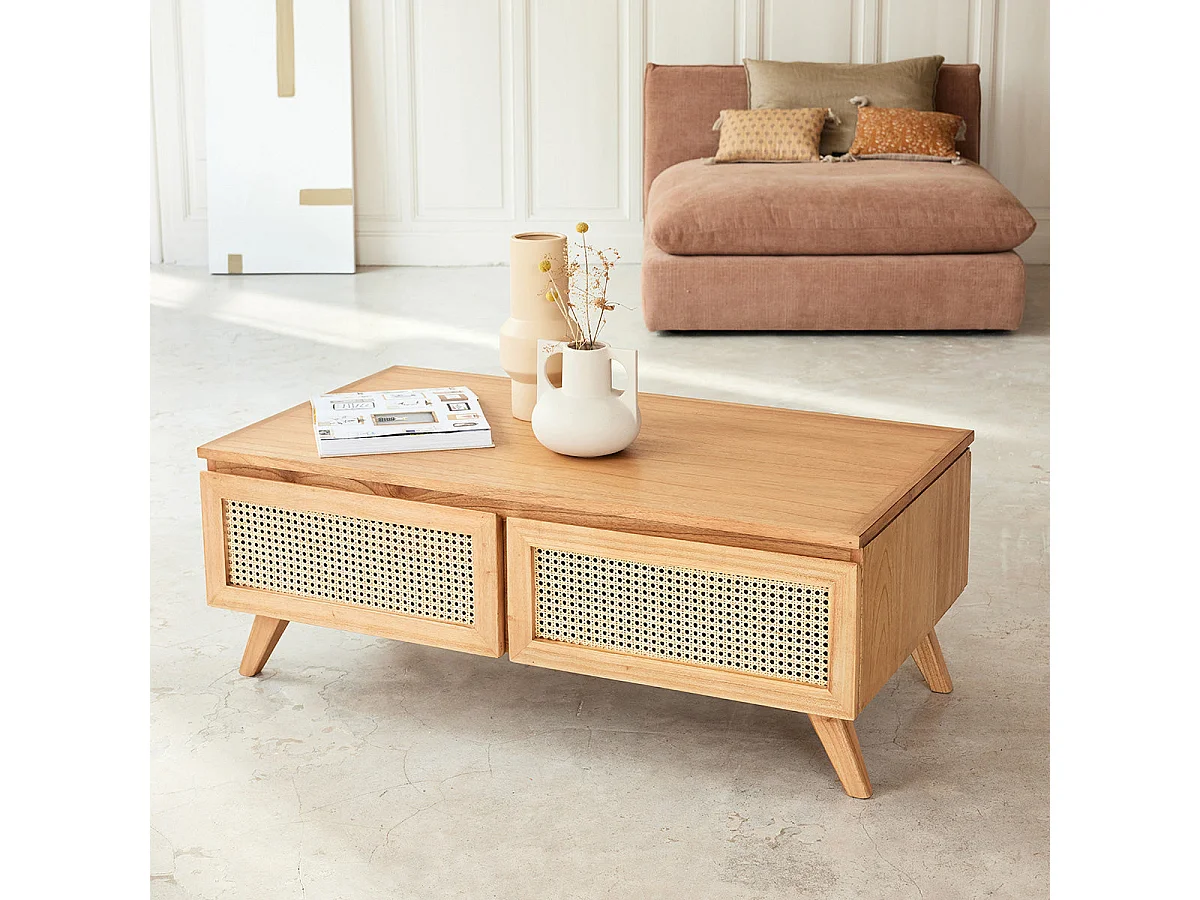 Tavolo basso in mindi massello e vimini 4 cassetti 110 cm