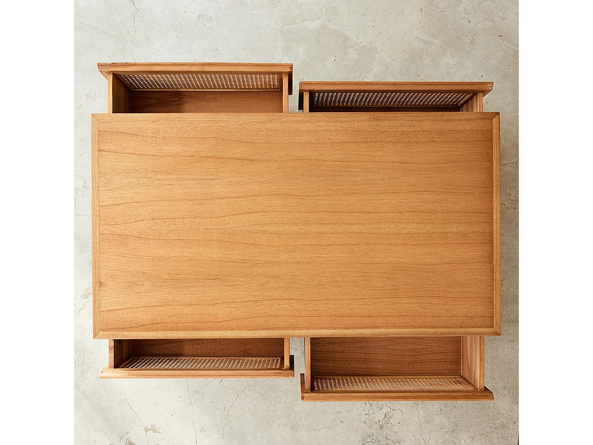 Tavolo basso in mindi massello e vimini 4 cassetti 110 cm