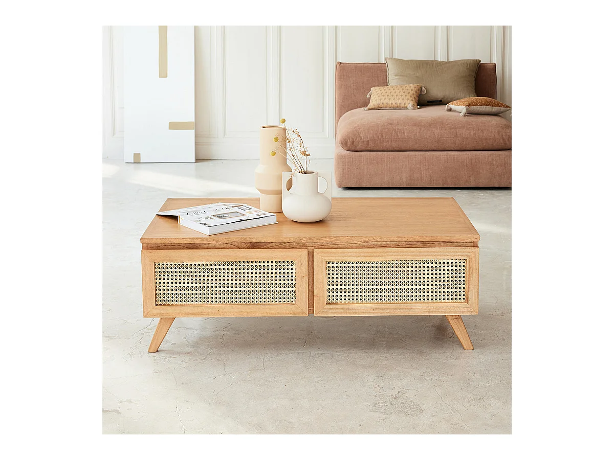 Table basse en mindi massif et cannage 4 tiroirs 110 cm
