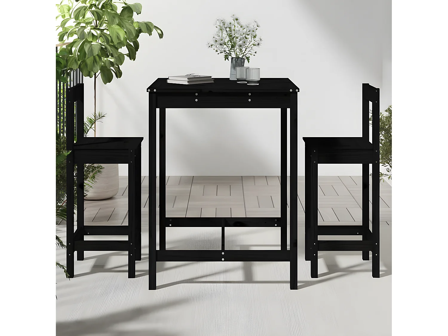 Set de mesa y taburetes altos jardín 3 pzas madera pino negro ES764394