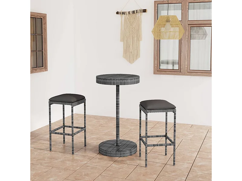 Set muebles bar jardín 3 piezas y cojines ratán sintético gris ES828570