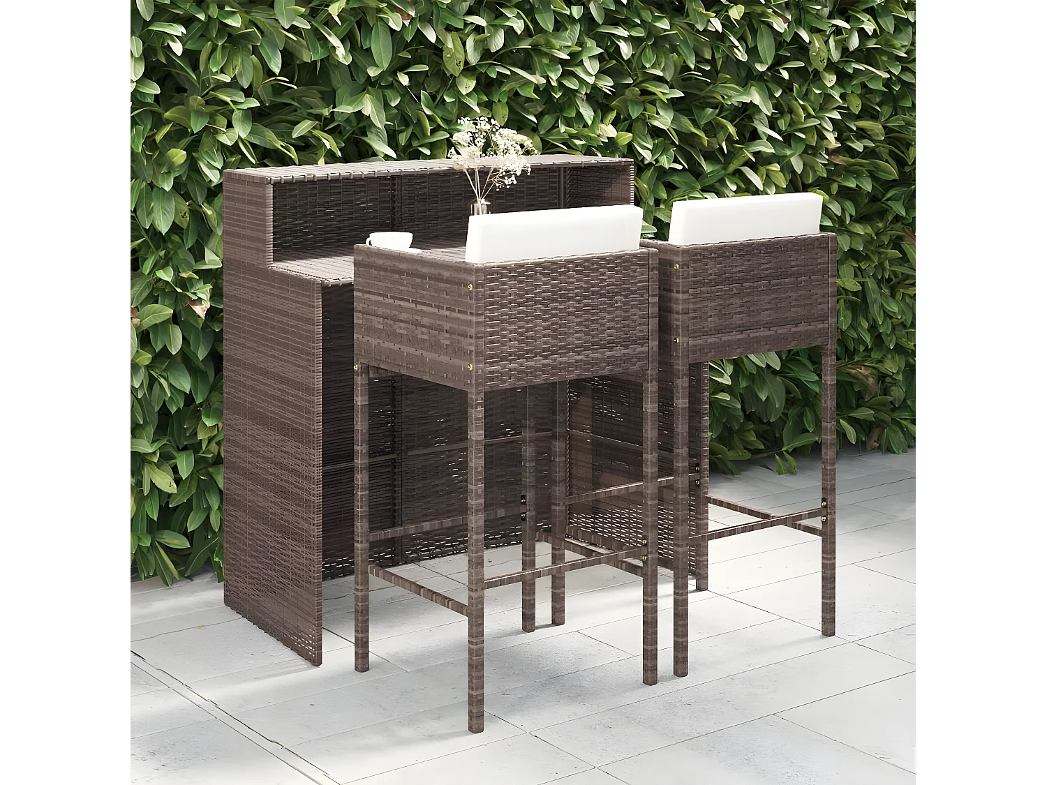 3 pcs conjunto de bar p/ jardim com almofadões vime PE castanho PT126454