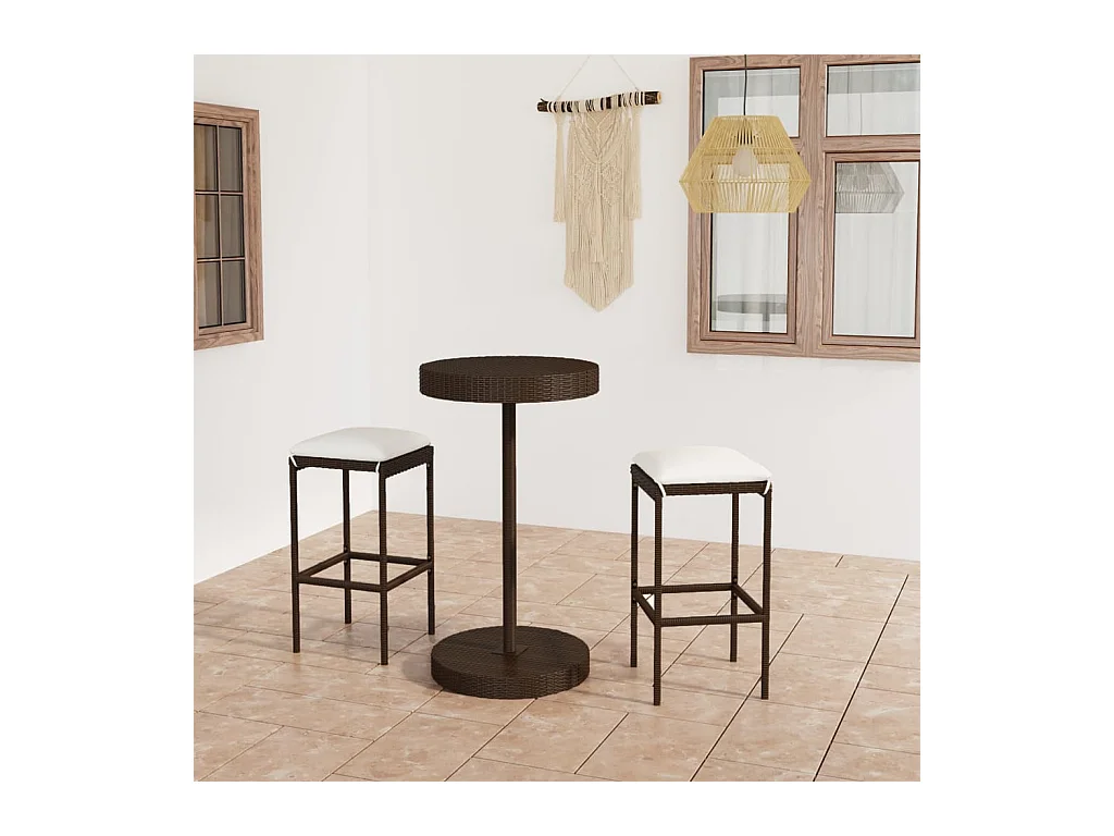 Meuble de bar de jardin 3 pcs et coussins Résine tressée Marron GFDF55778