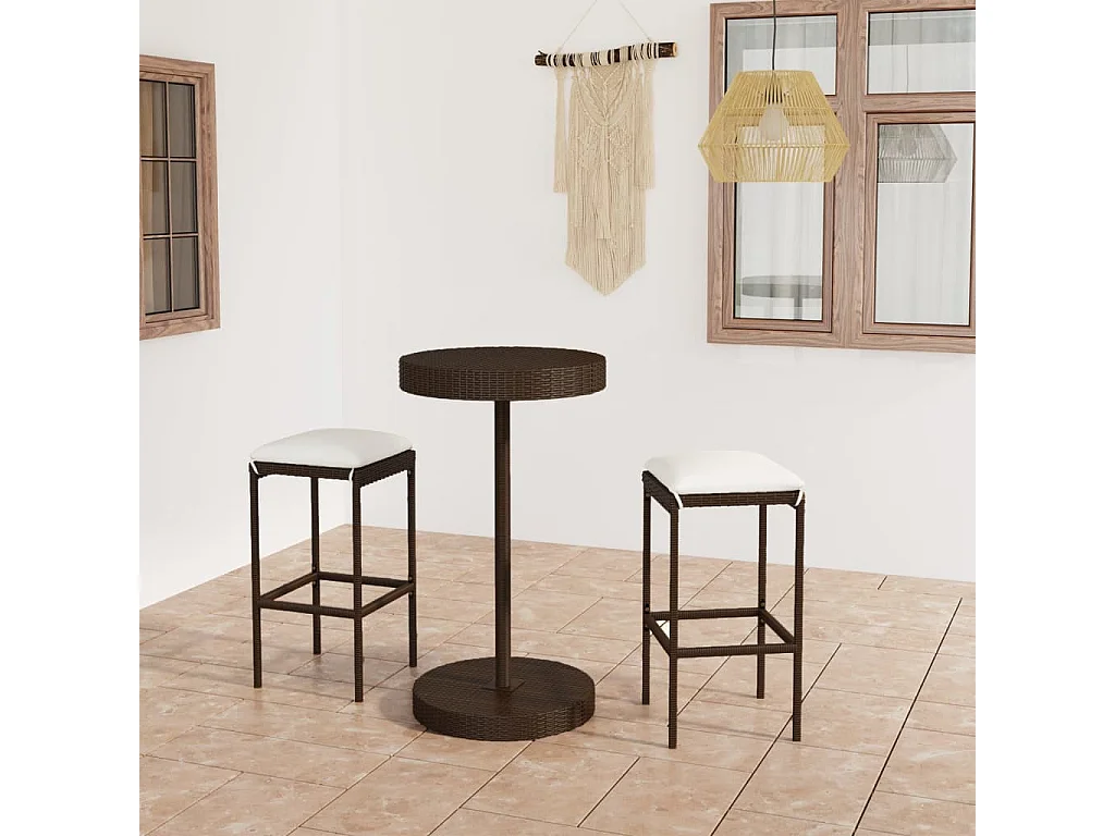 Meuble de bar de jardin 3 pcs et coussins Résine tressée Marron GFDF55778
