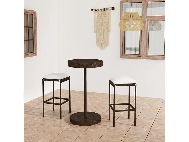 Meuble de bar de jardin 3 pcs et coussins Résine tressée Marron GFDF55778