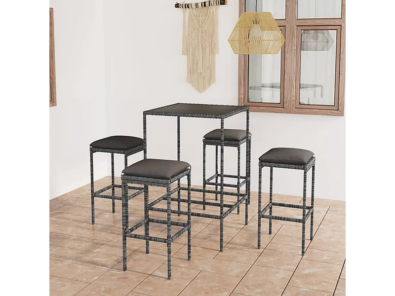 Mesa y taburetes altos jardín 5 piezas ratán sintético gris ES381828