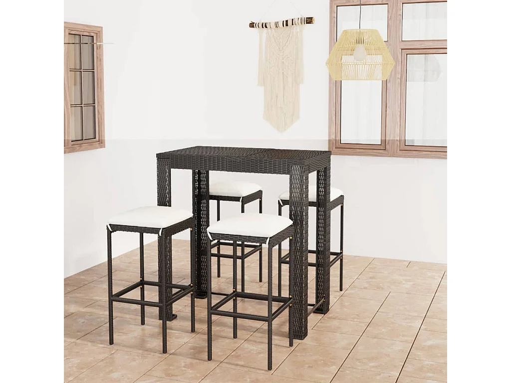 5 pcs conjunto de bar p/ jardim c/ almofadões vime PE preto PT272285