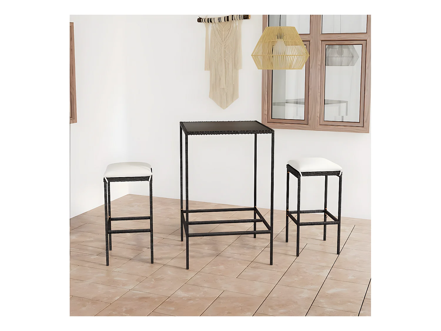 Ensemble de bar de jardin 3 pcs et coussins Résine tressée Noir GFDF41412