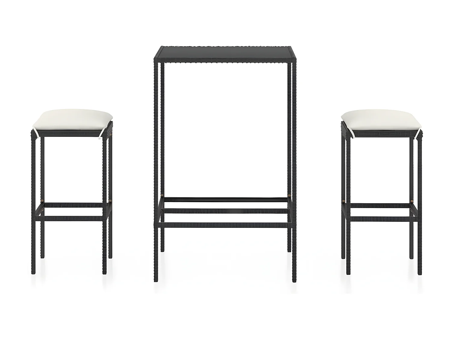 Mesa y taburetes altos jardín y cojines 3 pzas ratán PE negro ES968177