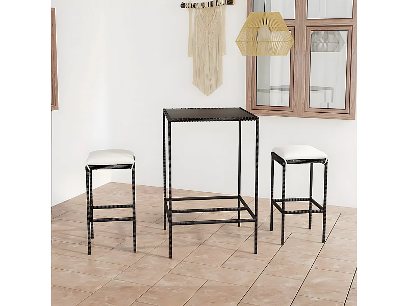 Ensemble de bar de jardin 3 pcs et coussins Résine tressée Noir GFDF41412