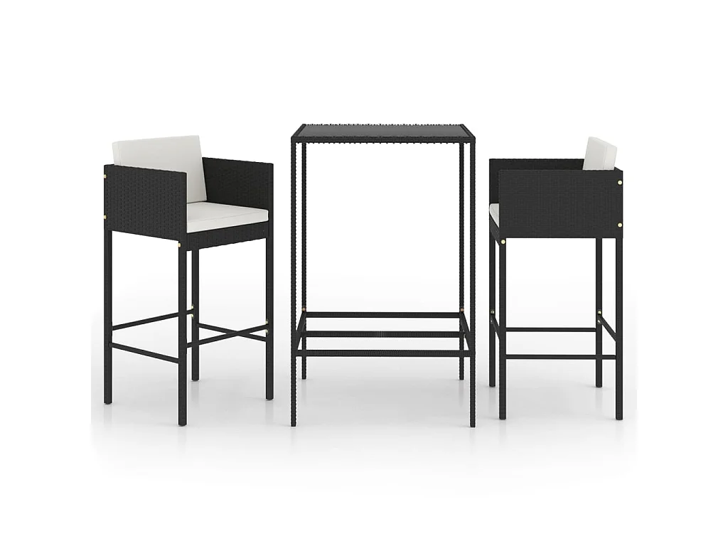 Set muebles bar jardín 3 piezas y cojines ratán sintético negro ES993701