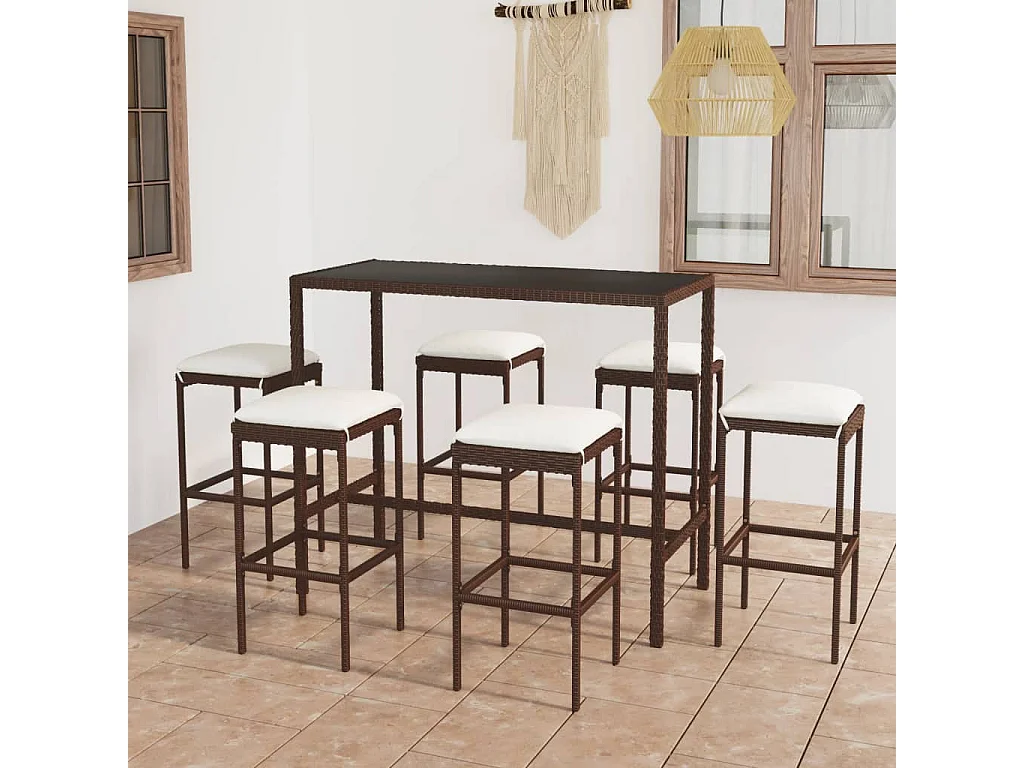 7 pcs conjunto de bar p/ jardim com almofadões vime PE castanho PT535861