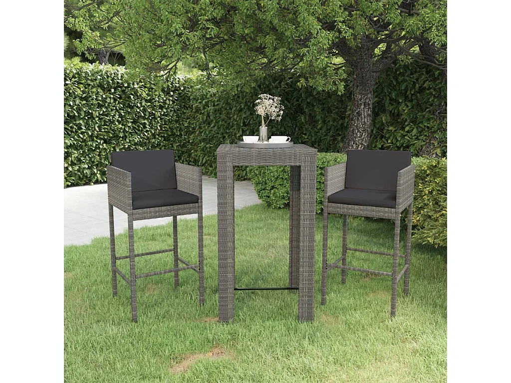 Set muebles bar jardín 3 piezas y cojines ratán sintético gris ES779631