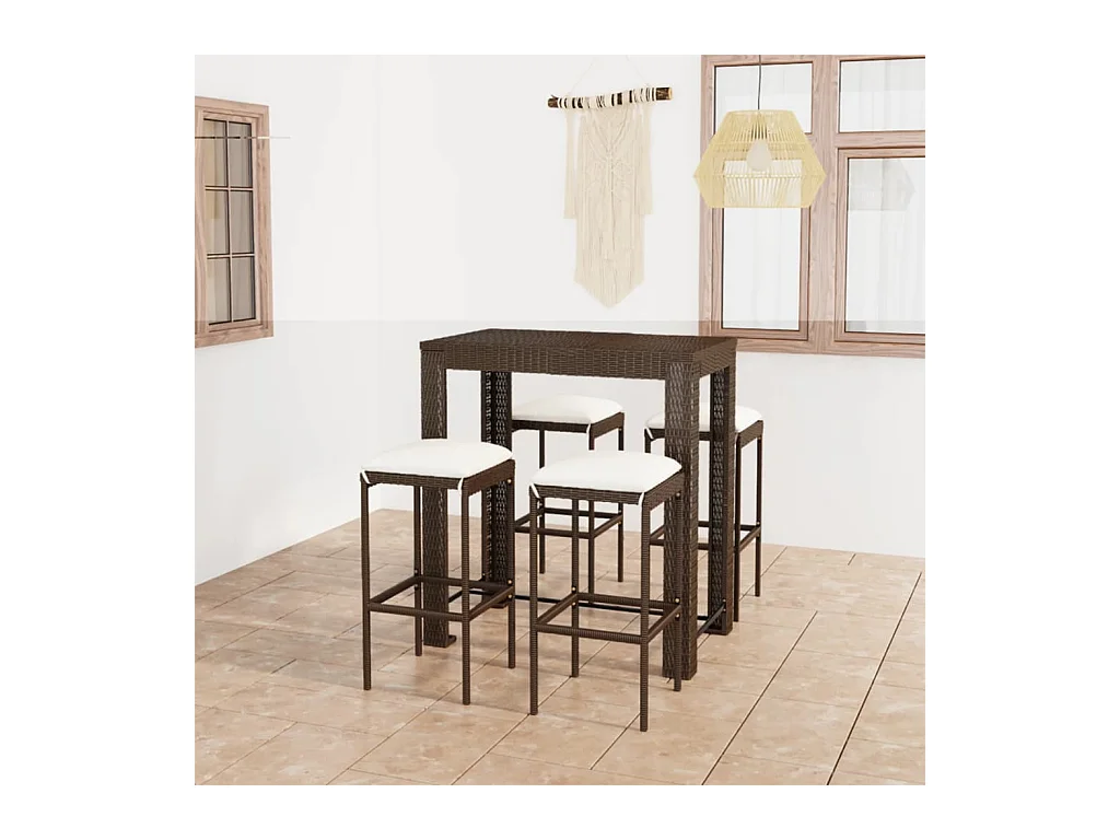 Meuble de bar de jardin 5 pcs et coussins Résine tressée Marron GFDF28337