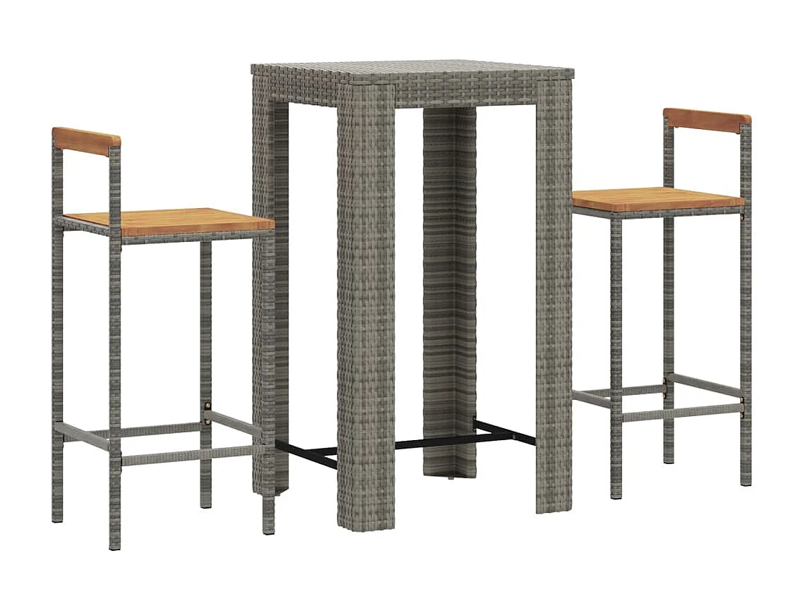 Ensemble de bar jardin 3 pcs gris poly rotin/bois massif acacia GFDF85544