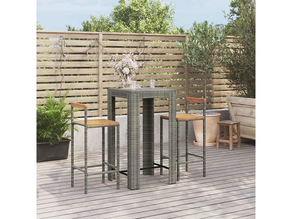 Ensemble de bar jardin 3 pcs gris poly rotin/bois massif acacia GFDF85544