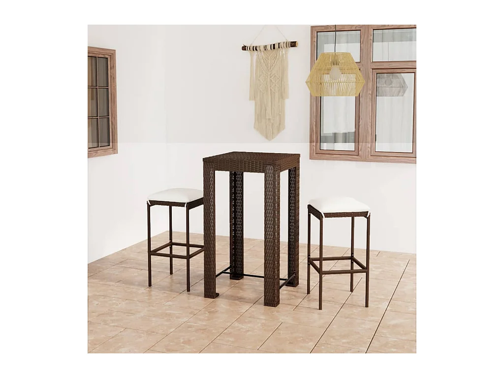 Meuble de bar de jardin 3 pcs et coussins Résine tressée Marron GFDF19793