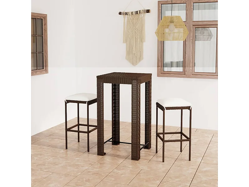 Meuble de bar de jardin 3 pcs et coussins Résine tressée Marron GFDF19793