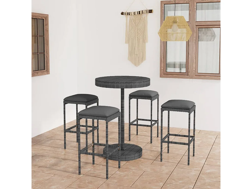 Set muebles bar jardín 5 piezas y cojines ratán sintético gris ES717047