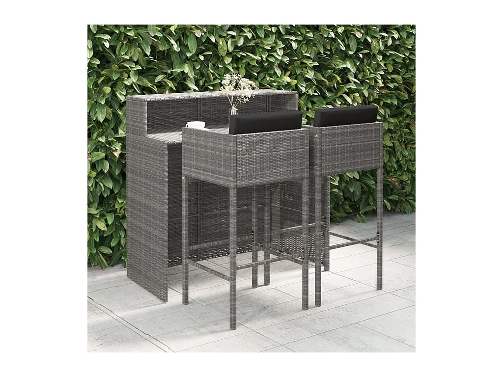 Ensemble de bar de jardin 3 pcs et coussins Résine tressée Gris GFDF32584