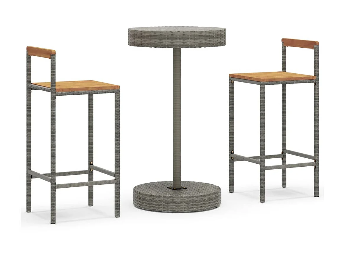 Ensemble de bar jardin 3 pcs gris poly rotin/bois massif acacia GFDF61421