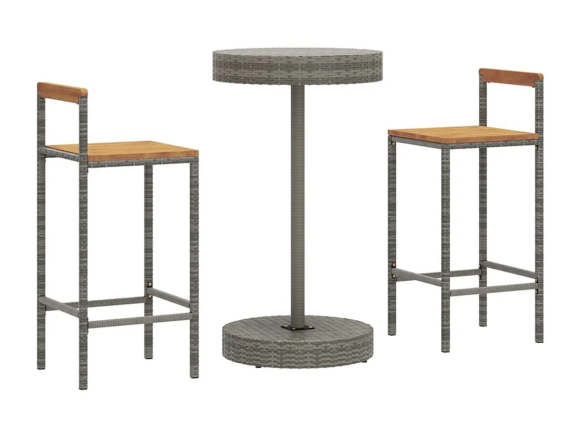 Ensemble de bar jardin 3 pcs gris poly rotin/bois massif acacia GFDF61421