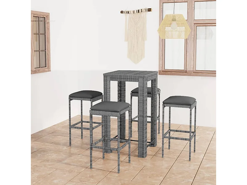 Ensemble de bar de jardin 5 pcs et coussins Résine tressée Gris GFDF26257