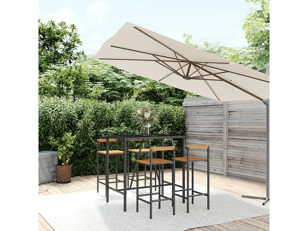 5 pcs conjunto de bar p/ jardim vime PE/acácia maciça preto PT602379