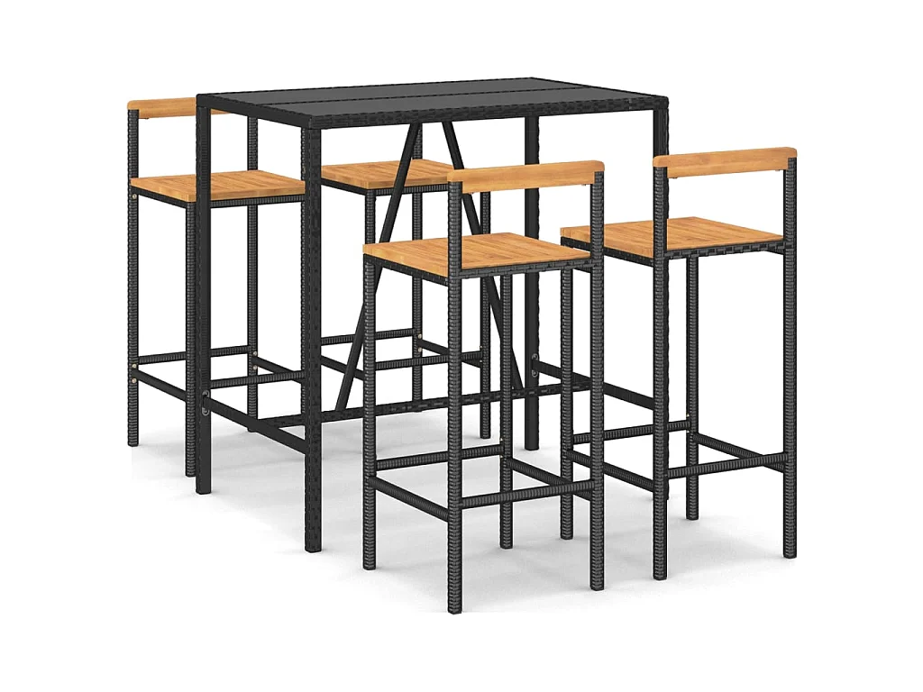 5 pcs conjunto de bar p/ jardim vime PE/acácia maciça preto PT602379
