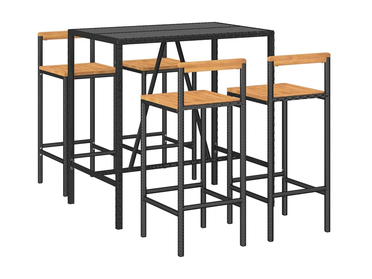 5 pcs conjunto de bar p/ jardim vime PE/acácia maciça preto PT602379