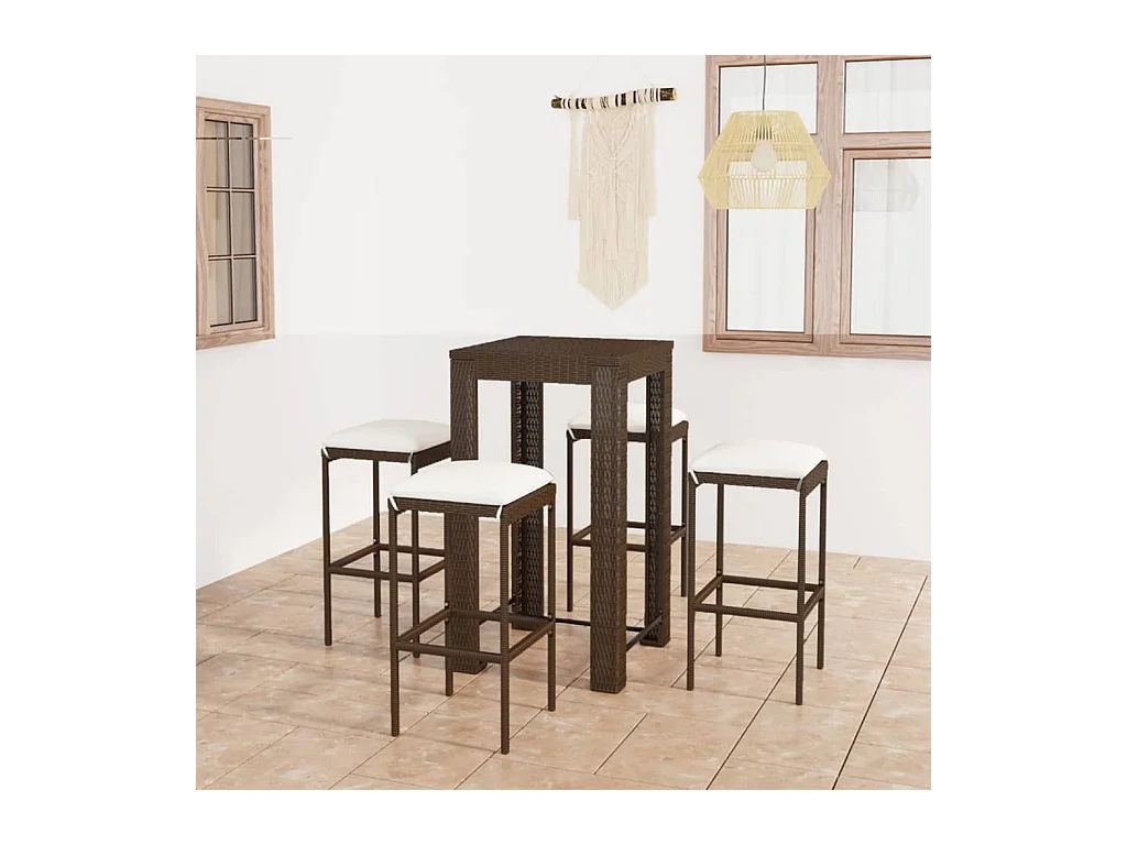 Meuble de bar de jardin 5 pcs et coussins Résine tressée Marron GFDF49564