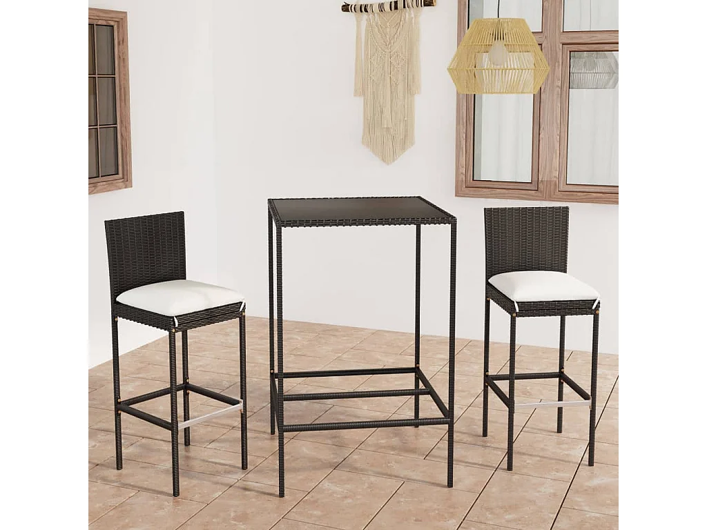 Ensemble de bar de jardin 3 pcs et coussins Résine tressée Noir GFDF64325