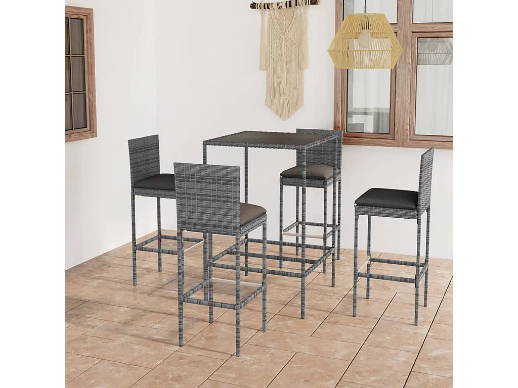 5 pcs conjunto de bar p/ jardim c/ almofadões vime PE cinzento PT777382