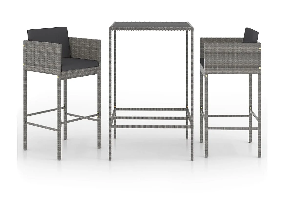 Set de muebles bar jardín 3 pzas y cojines ratán sintético gris ES497947