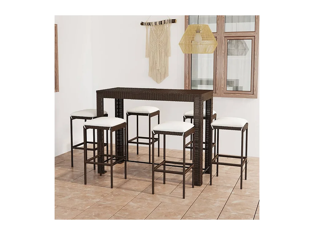 Meuble de bar de jardin 7 pcs et coussins Résine tressée Marron GFDF66115