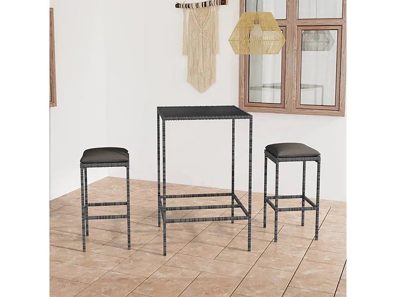 Mesa y taburetes altos jardín 3 piezas ratán sintético gris ES965812
