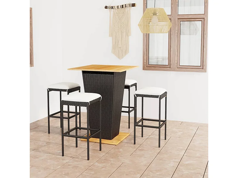 5 pcs conjunto de bar p/ jardim c/ almofadões vime PE preto PT937490